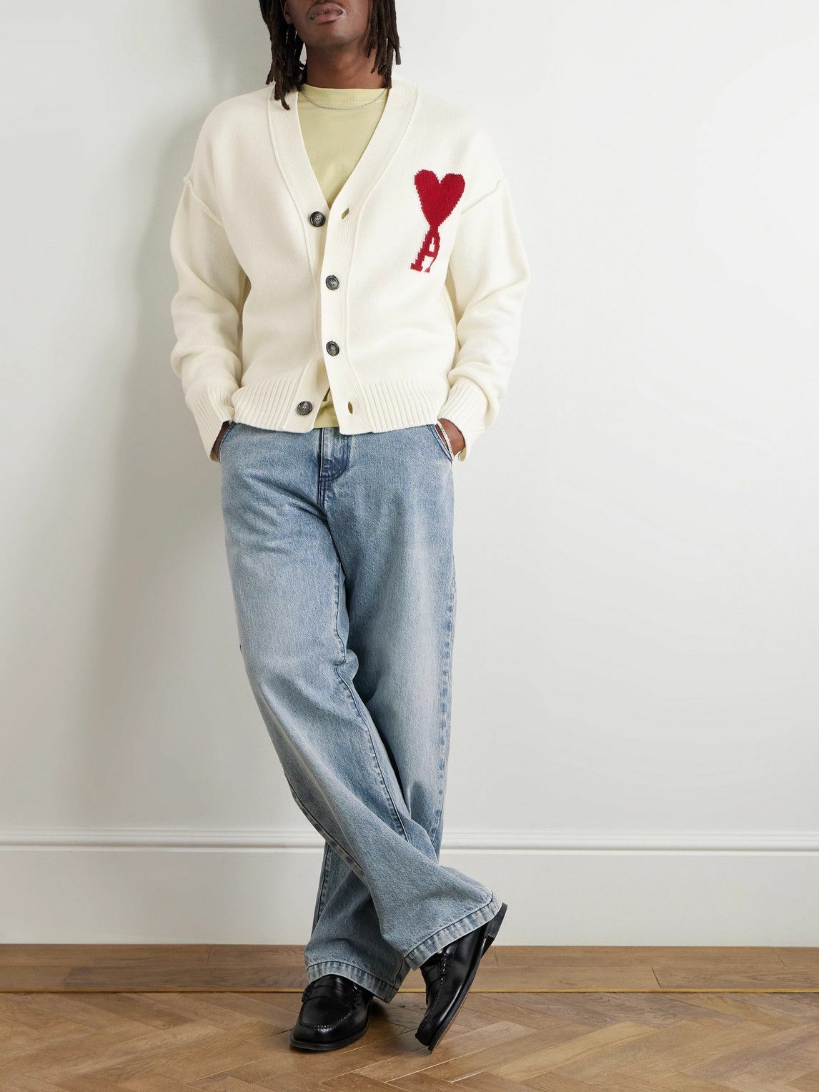 AMI PARIS - Logo-Intarsia Merino Wool Cardigan - Neutrals