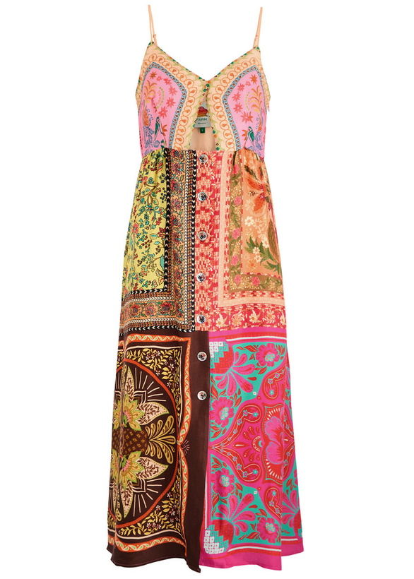 Photo: Farm Rio Mixed Scarves Printed Satin Midi Dress Multicoloured