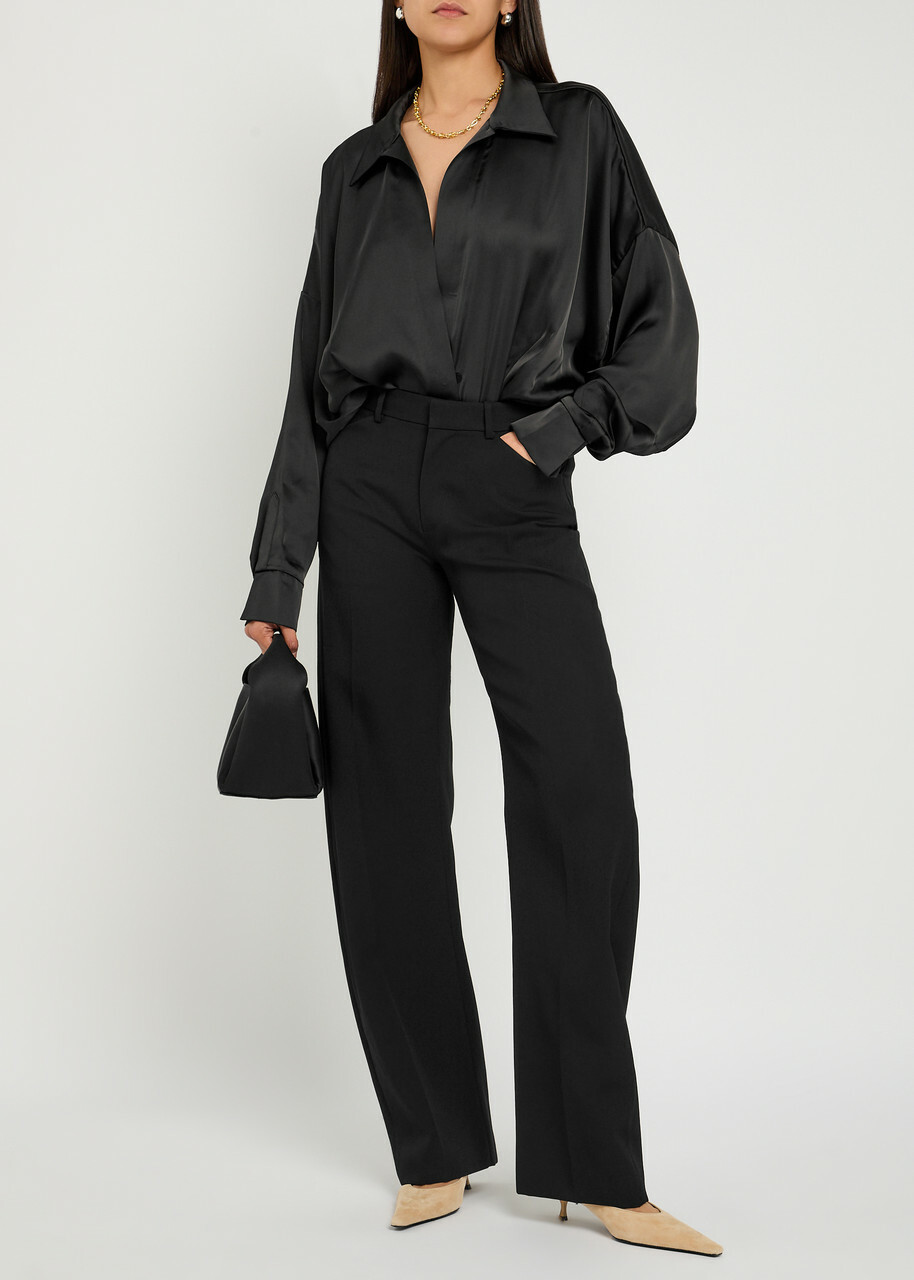 Norma Kamali Draped Satin Shirt Bodysuit Black