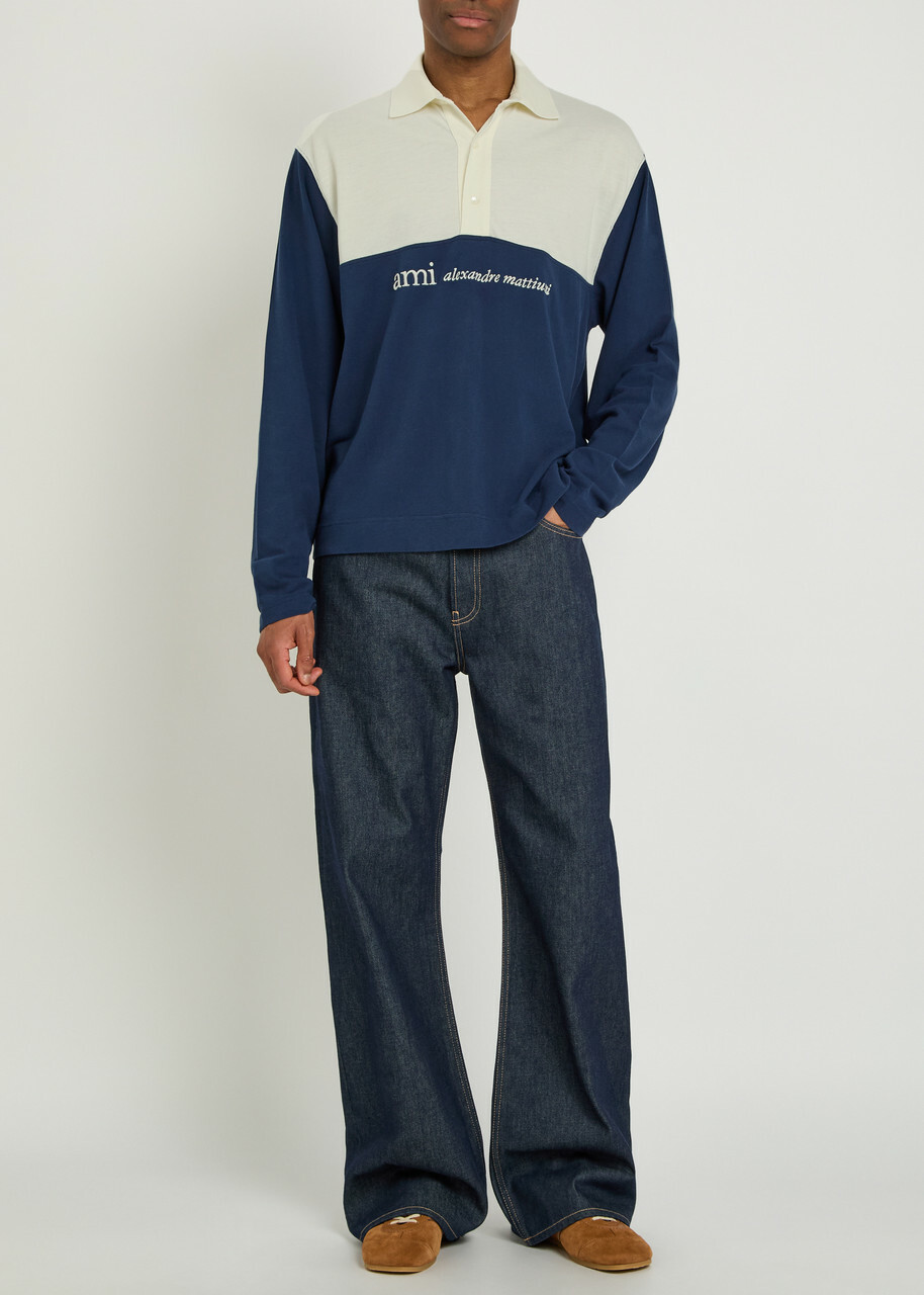 Ami Paris Logo-embroidered Panelled Piqué Cotton Polo Shirt Cream