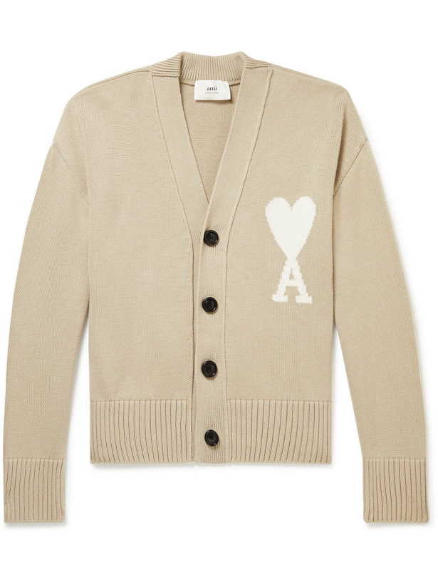 Photo: AMI PARIS - Logo-Intarsia Organic Cotton and Wool-Blend Sweater - Neutrals
