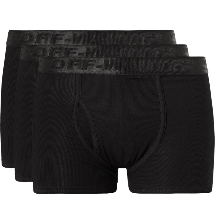 Photo: Off-White - Three-Pack Ribbed Stretch-Cotton Boxer Briefs - Black