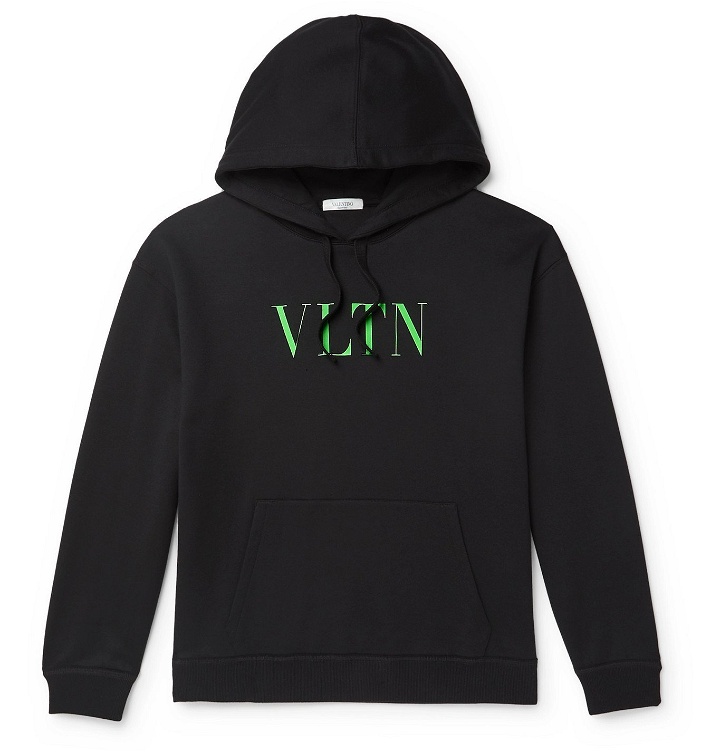 Photo: Valentino - Logo-Print Loopback Cotton-Blend Jersey Hoodie - Black