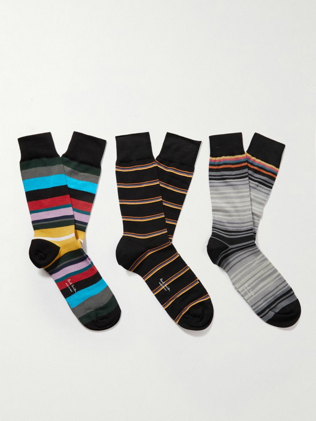 Photo: Paul Smith - Three-Pack Striped Organic Cotton-Blend Socks