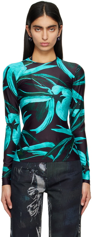 Photo: Louisa Ballou Black & Blue Printed Long Sleeve T-Shirt
