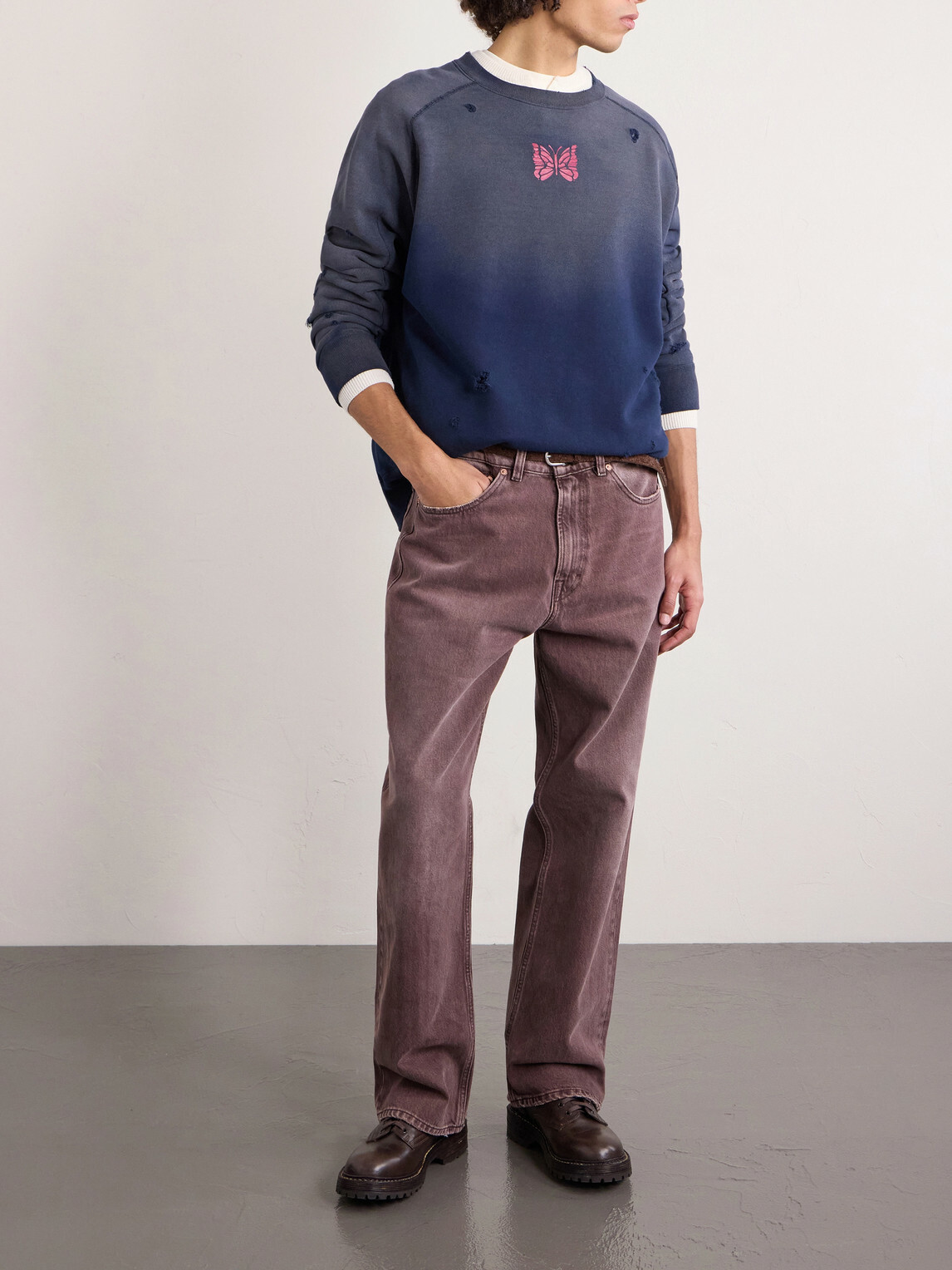 Needles - Logo-Print Distressed Cotton-Jersey Sweatshirt - Blue