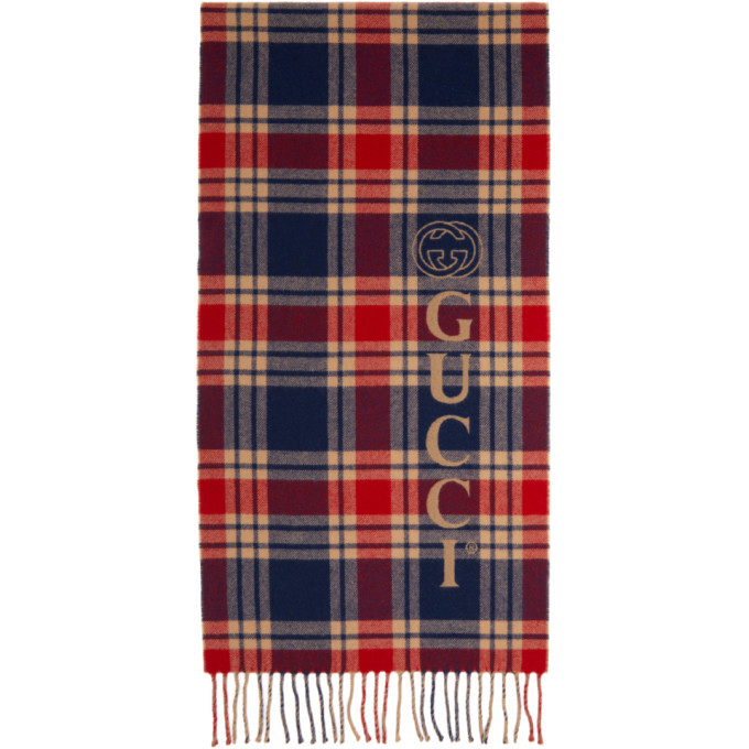 Photo: Gucci Navy and Beige Wool Check Logo Scarf