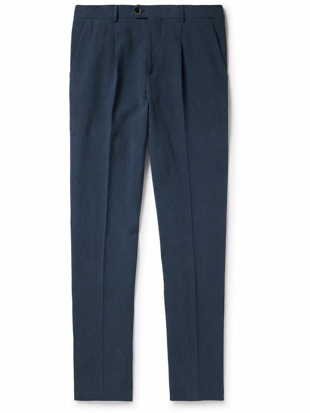 Photo: Brunello Cucinelli - Slim-Fit Pleated Linen Trousers - Blue