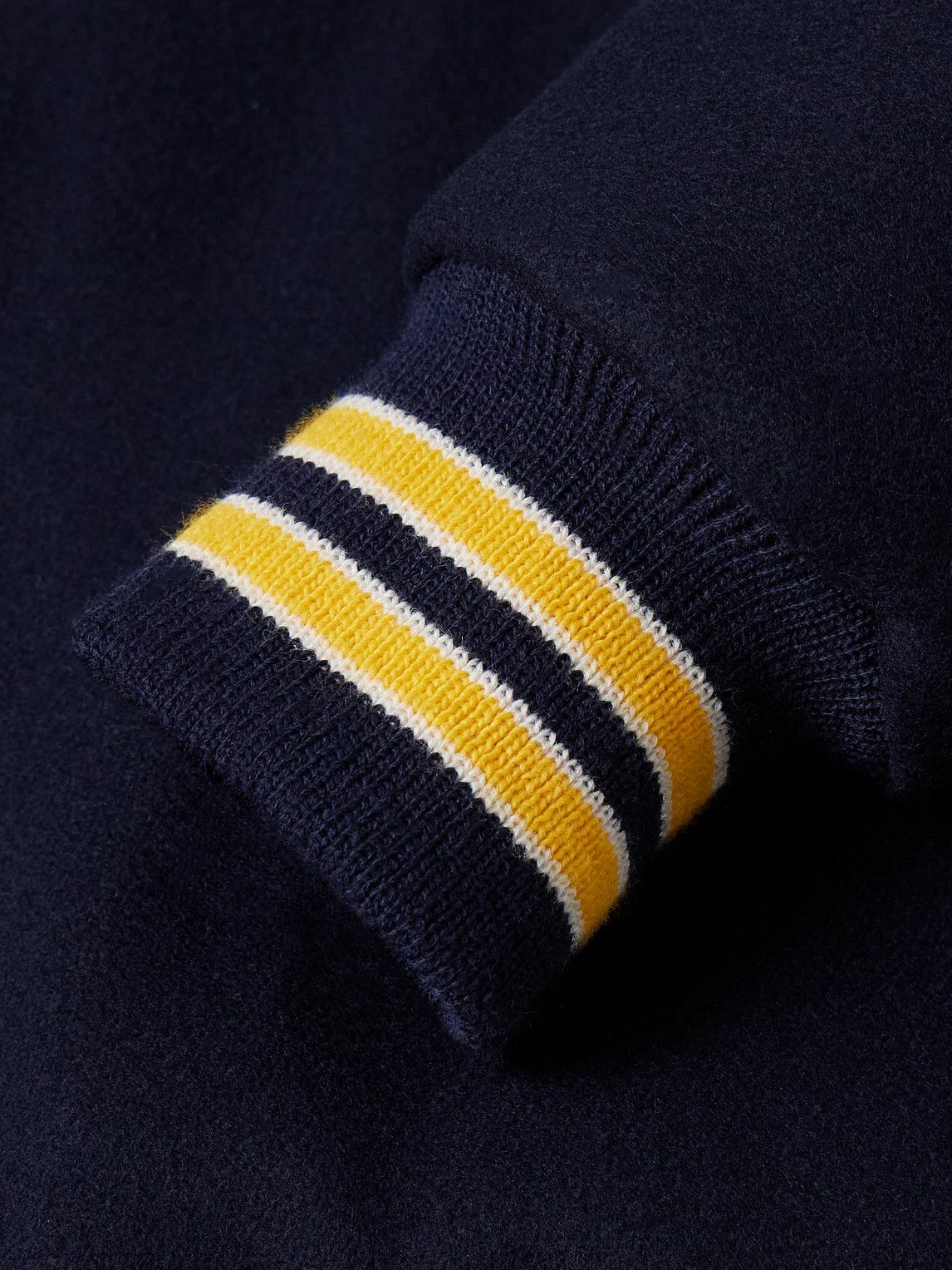 Golden Bear - Striped Leather-Trimmed Padded Wool-Blend Felt Varsity Jacket - Blue