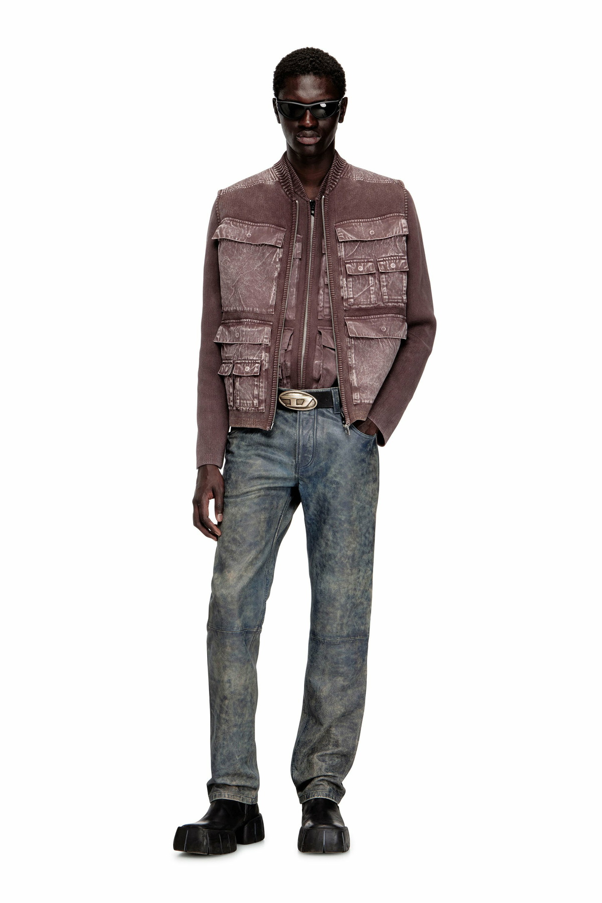 Diesel Zip-up knitted vest with cargo pockets - Knitwear Mens in Brown