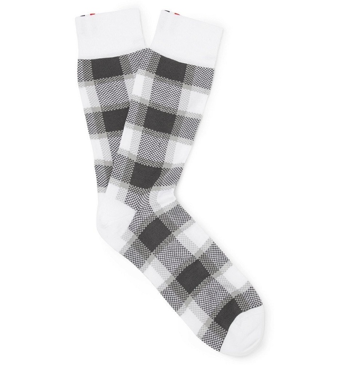 Photo: Thom Browne - Webbing-Trimmed Checked Cotton-Blend Socks - White