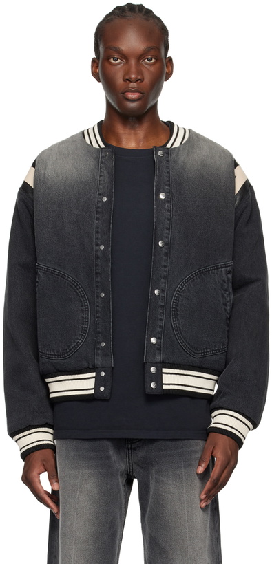 Photo: Rhude Black Lightning Varsity Denim Bomber Jacket