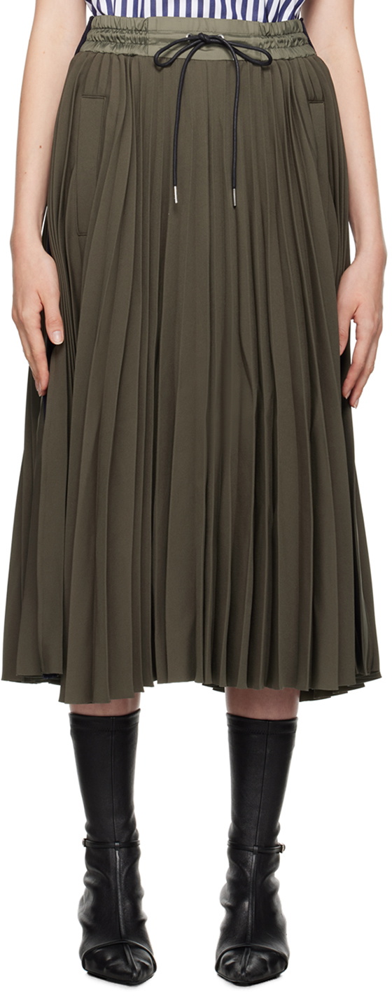 sacai Khaki Pleated Midi Skirt Sacai