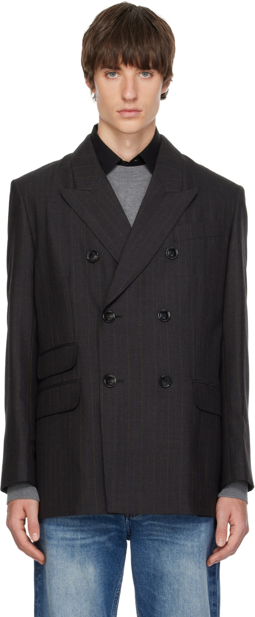 AMI Paris Gray Double-Breasted Striped Wool Blazer
