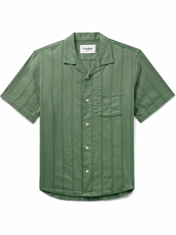 Photo: Corridor - Camp-Collar Striped Cotton-Blend Seersucker Shirt - Green