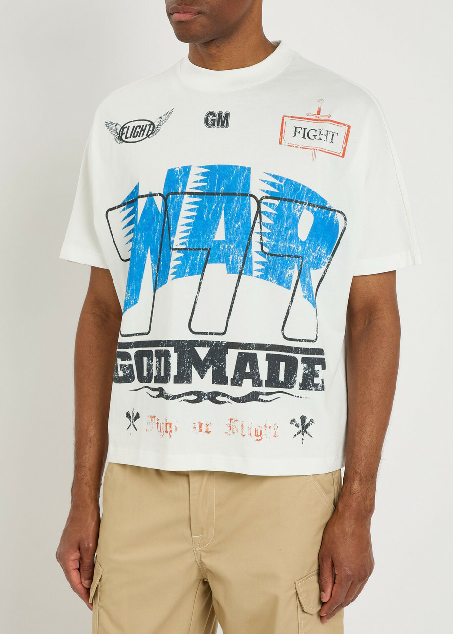 God Made War Printed Cotton T-shirt Off White