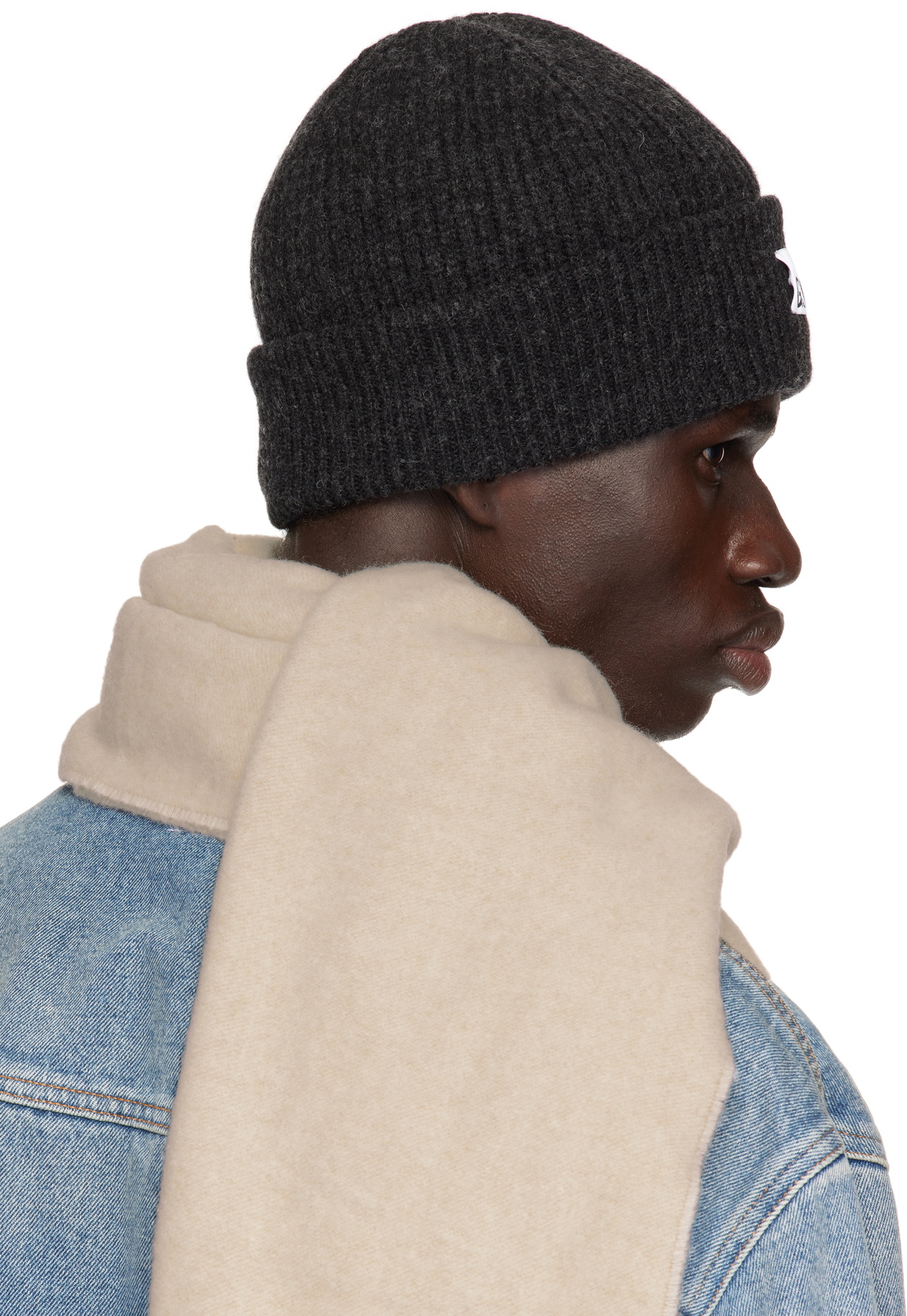 GANNI Gray Fitted Wool Rib Knit Beanie GANNI