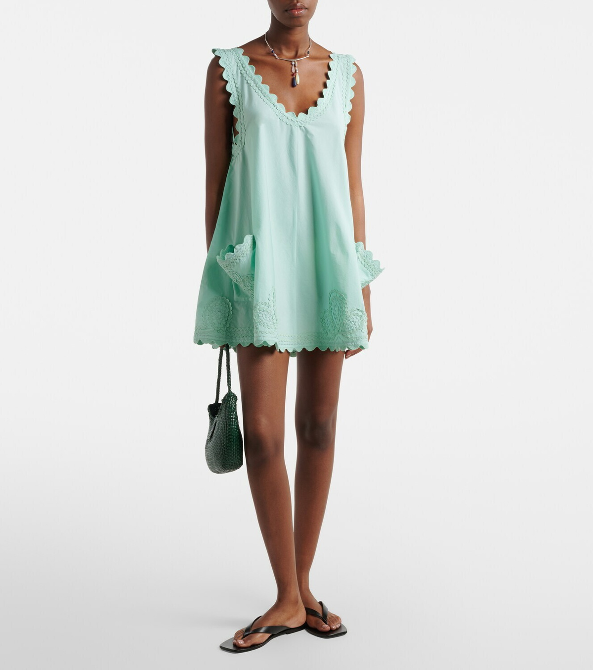 Juliet Dunn Embroidered scalloped cotton poplin minidress