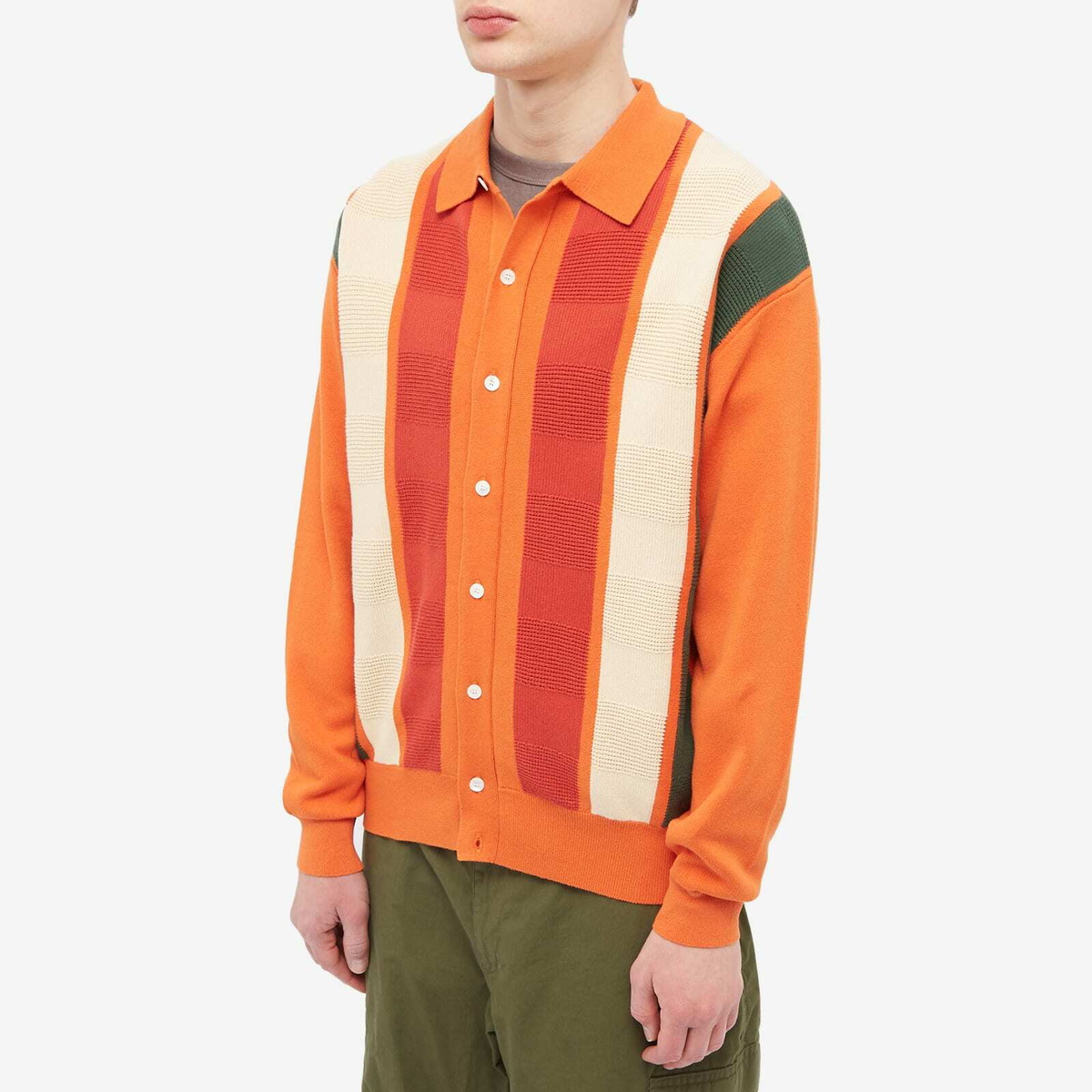 Flagstuff Men's Stripe Knit Polo Cardigan in Orange Flagstuff