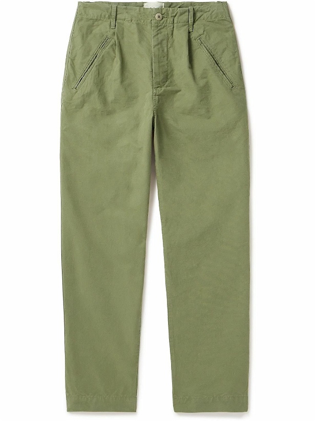 Photo: Folk - Assembly Straight-Leg Pleated Cotton-Twill Trousers - Green
