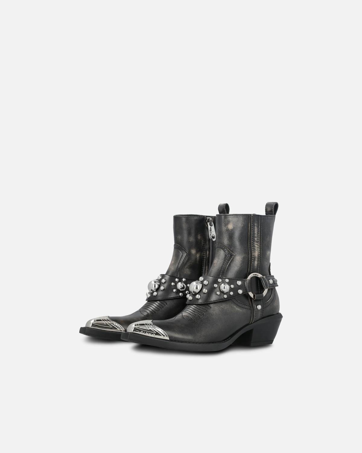 Pinko Ankle Cowboy Boots In Distressed Leather With A Metal Toe