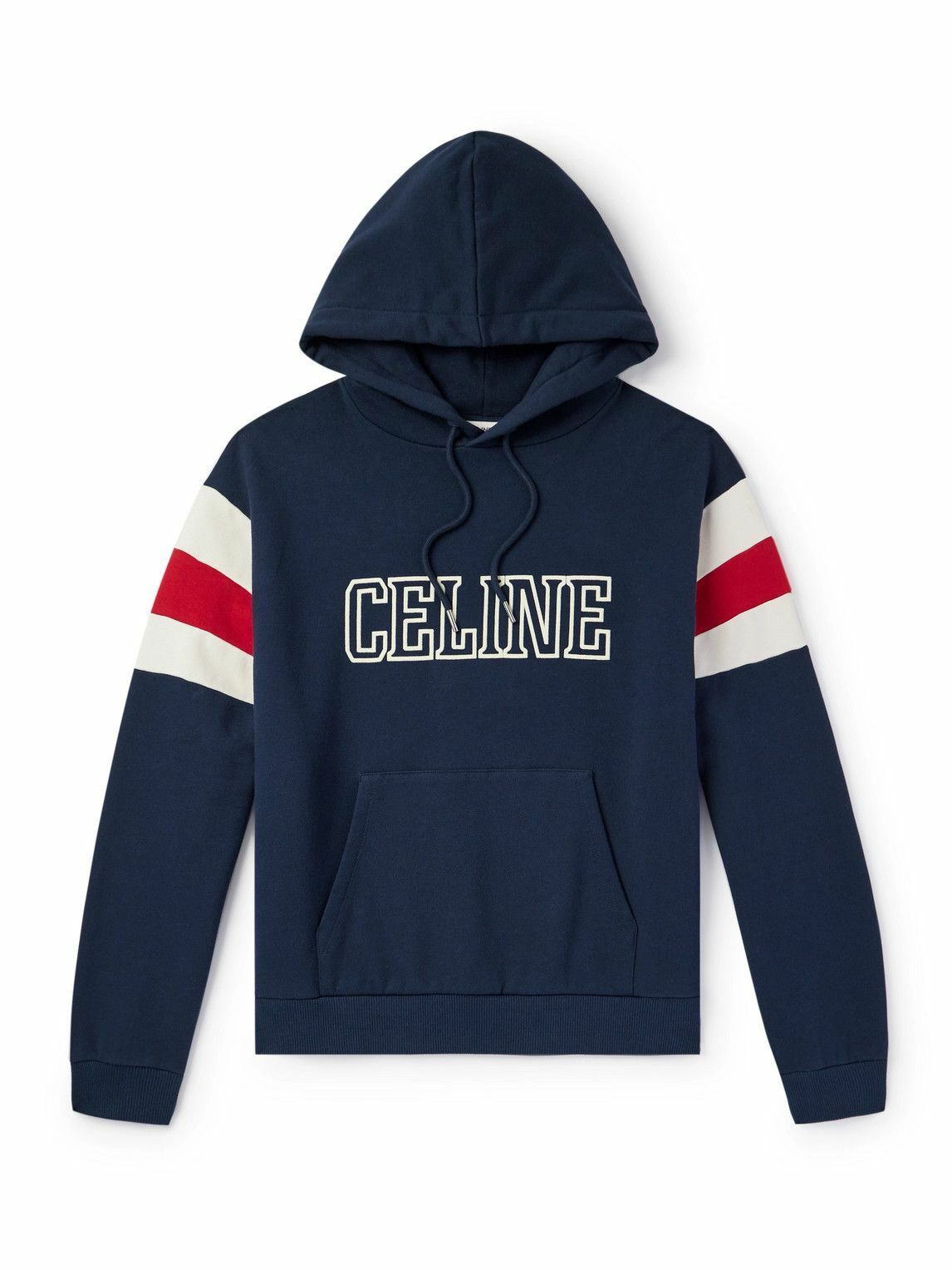 CELINE - Logo-Flocked Striped Cotton-Jersey Hoodie - Blue