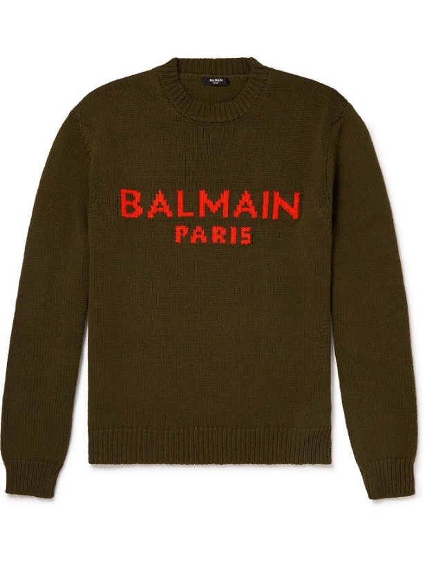 Photo: Balmain - Logo-Intarsia Wool Sweater - Green