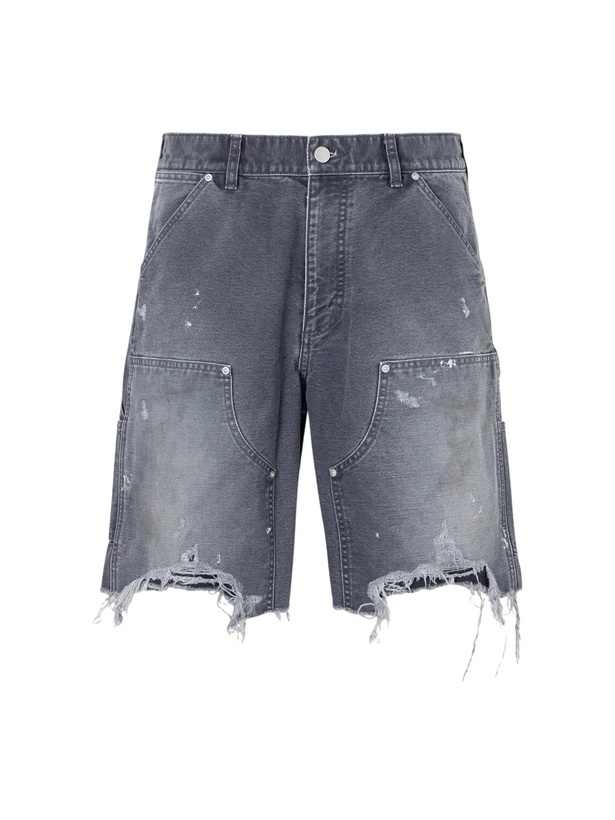 Photo: John Elliott - Desert Snow Straight-Leg Paint-Splattered Distressed Denim Shorts - Gray