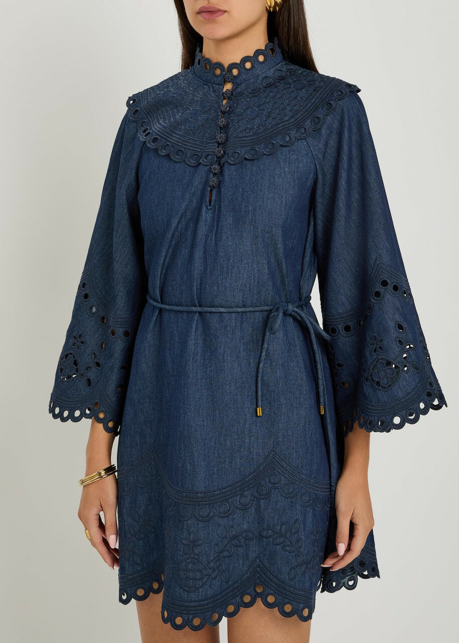 Zimmermann Mohon Broderie Anglaise Denim Mini Dress Navy