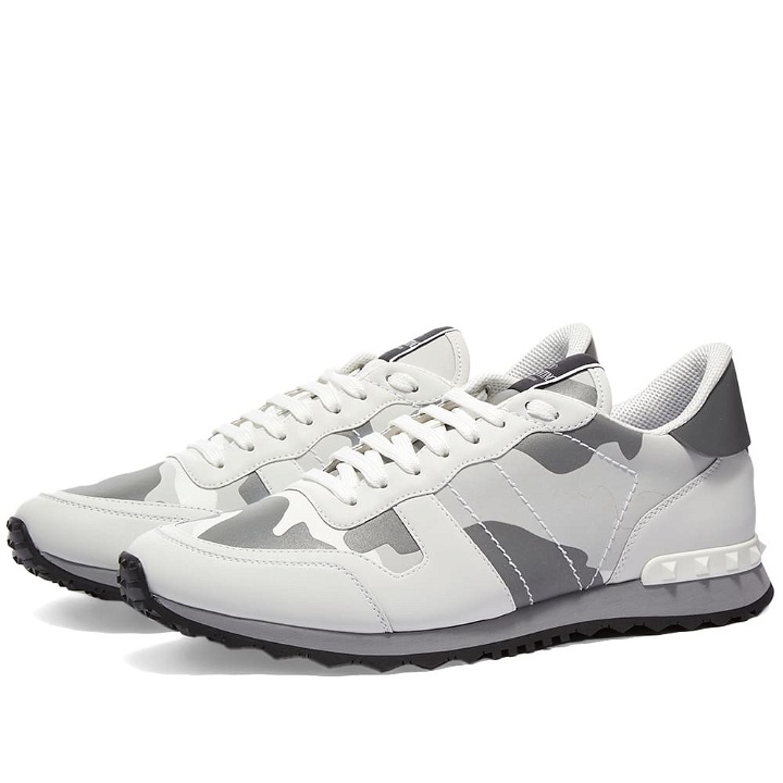 Photo: Valentino Men's Camo Rockrunner Sneakers in White/Silver