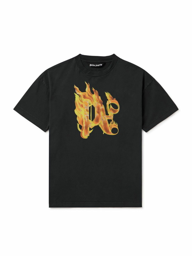 Photo: Palm Angels - Burning Monogram Embellished Logo-Print Cotton-Jersey T-Shirt - Black