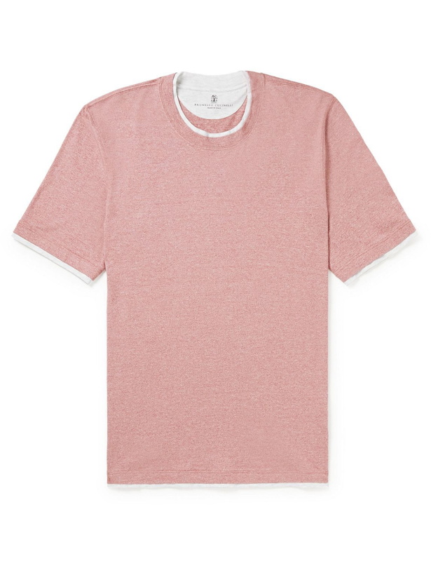 Photo: Brunello Cucinelli - Slim-Fit Layered Cotton and Linen-Blend Jersey T-shirt - Pink