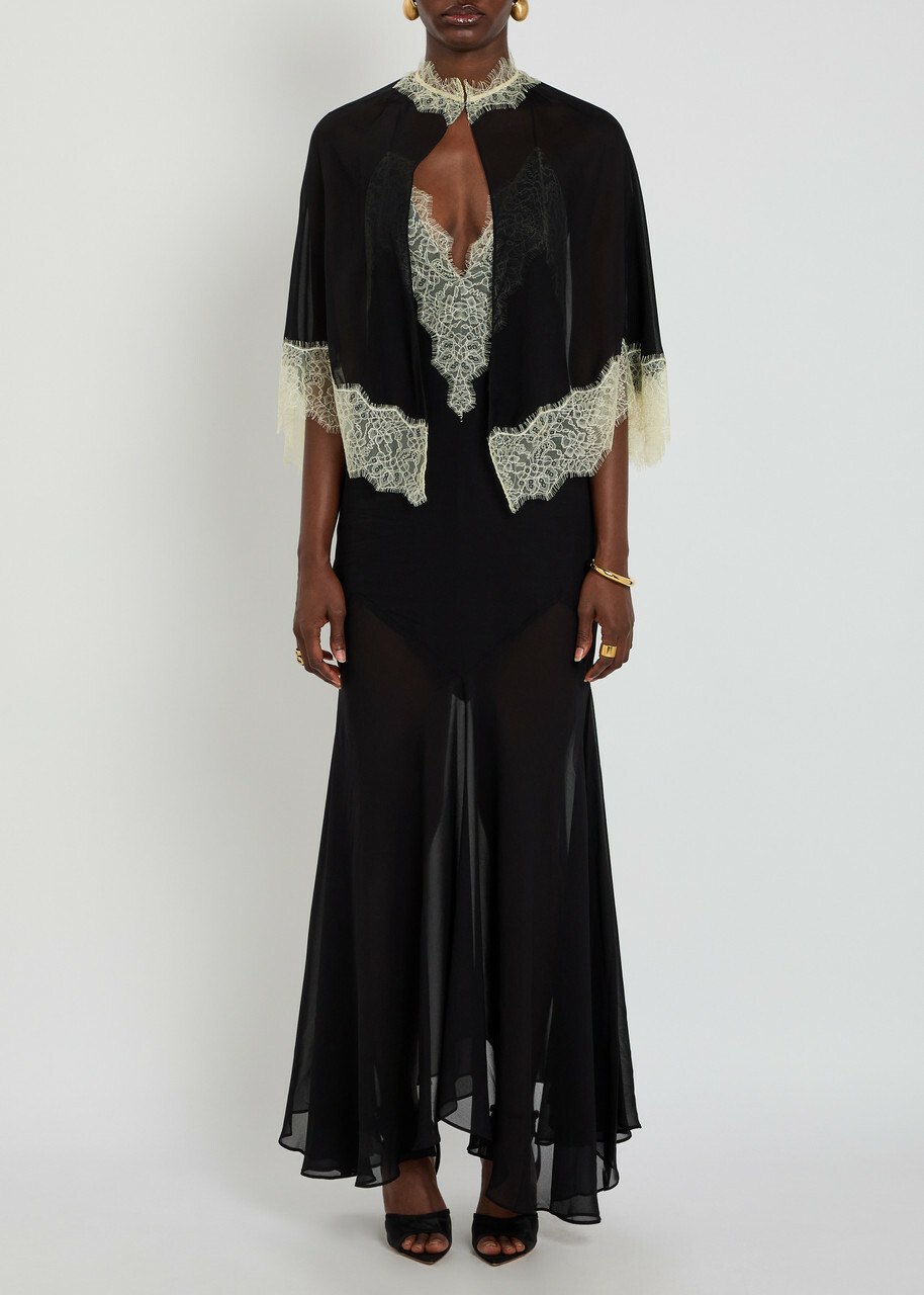 DE LA Vali Cielo Lace-trimmed Chiffon Cape and Maxi Dress Black