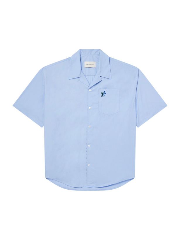Photo: AMI PARIS - Logo-Embroidered Cotton-Poplin Shirt - Blue