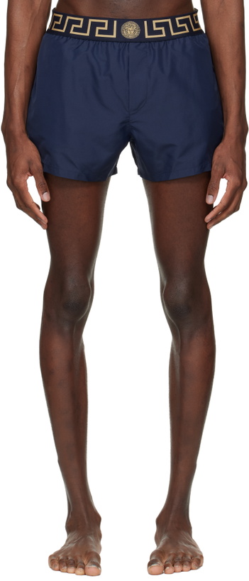 Photo: Versace Navy Greca Swim Shorts