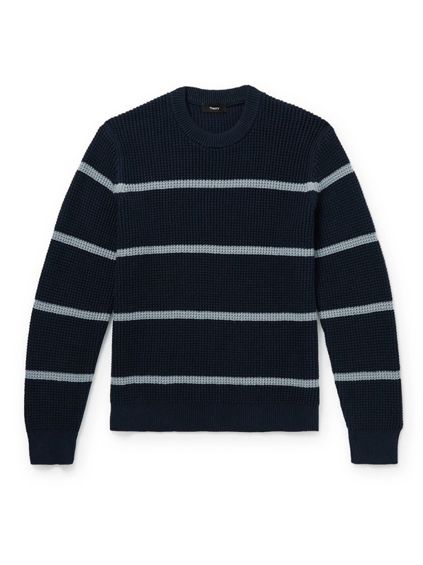 Photo: Theory - Gary Striped Cotton and Cashmere-Blend Sweater - Blue