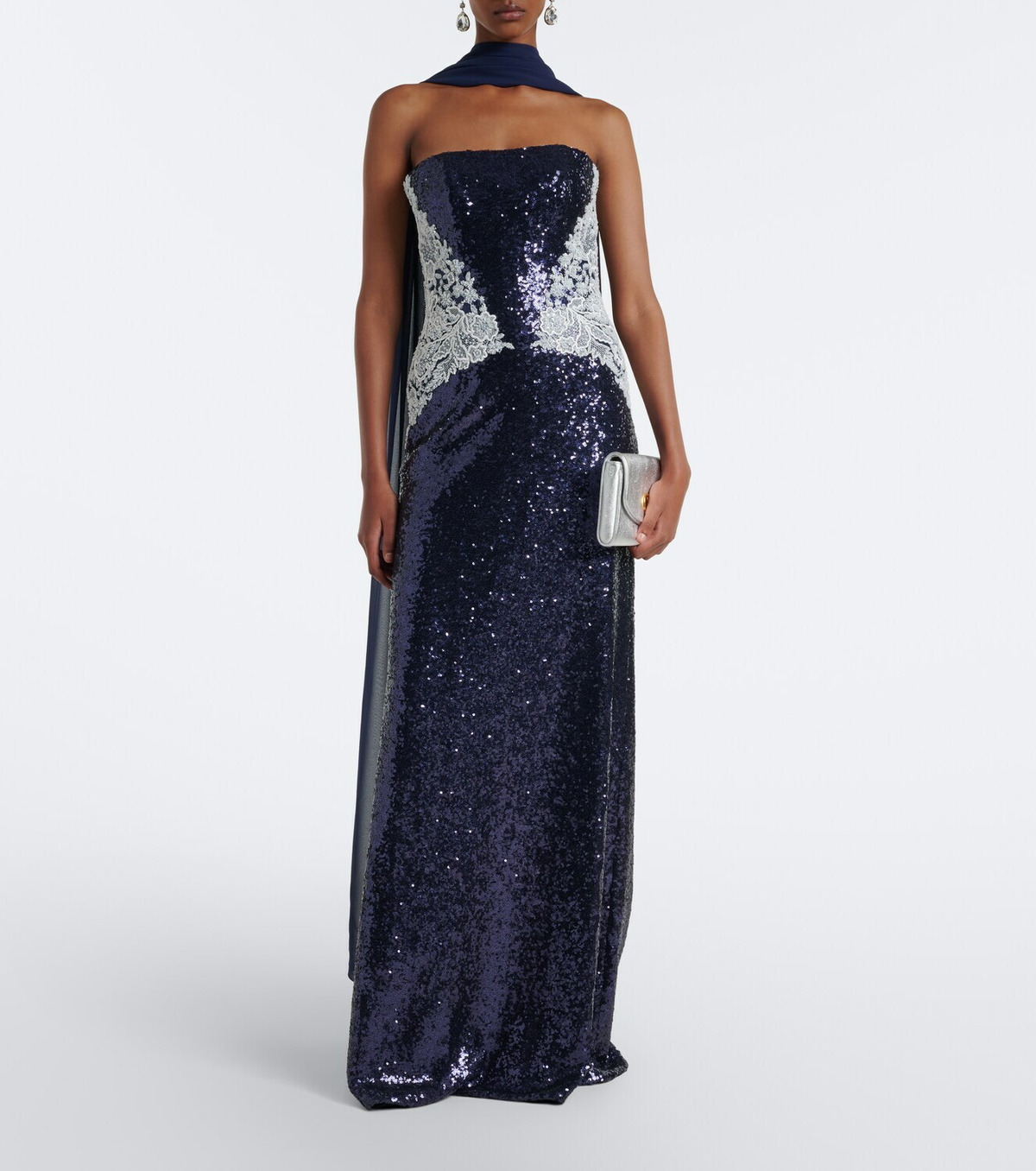 Costarellos Scarf-detail sequined bustier gown