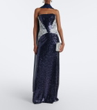 Costarellos Scarf-detail sequined bustier gown