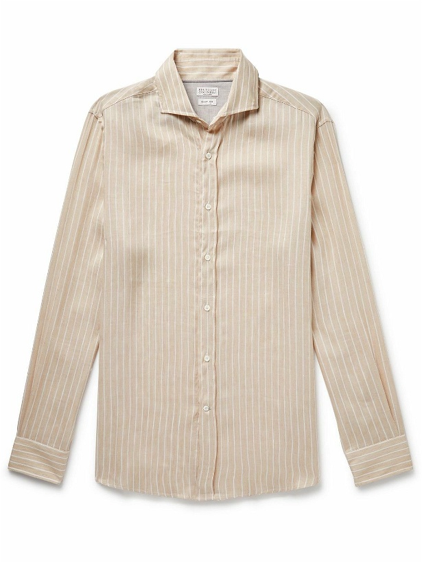 Photo: Brunello Cucinelli - Cutaway-Collar Striped Linen and Lyocell-Blend Shirt - Neutrals
