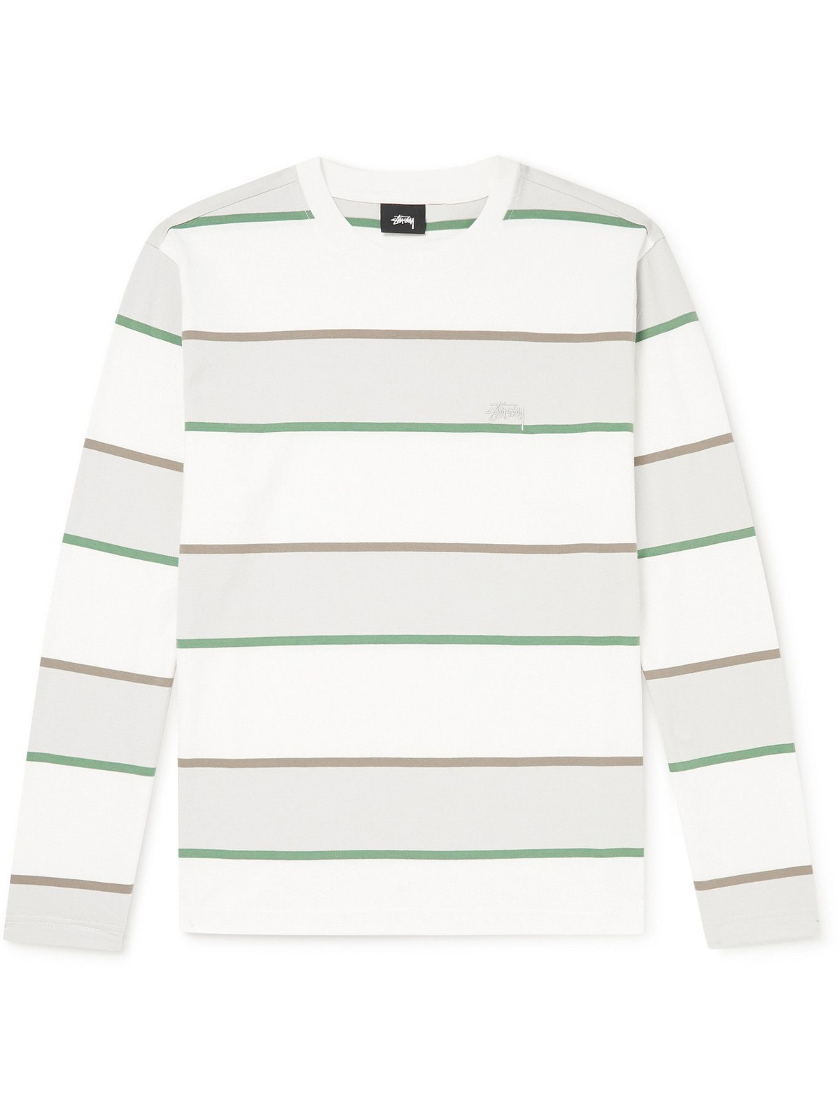 Photo: Stussy - Logo-Embroidered Striped Cotton-Jersey T-Shirt - White