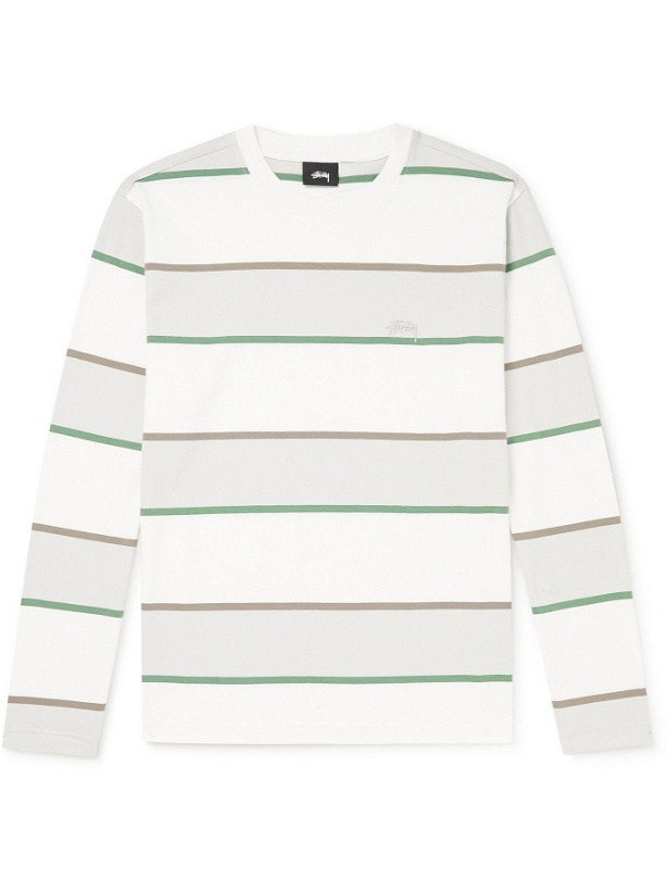 Photo: Stussy - Logo-Embroidered Striped Cotton-Jersey T-Shirt - White
