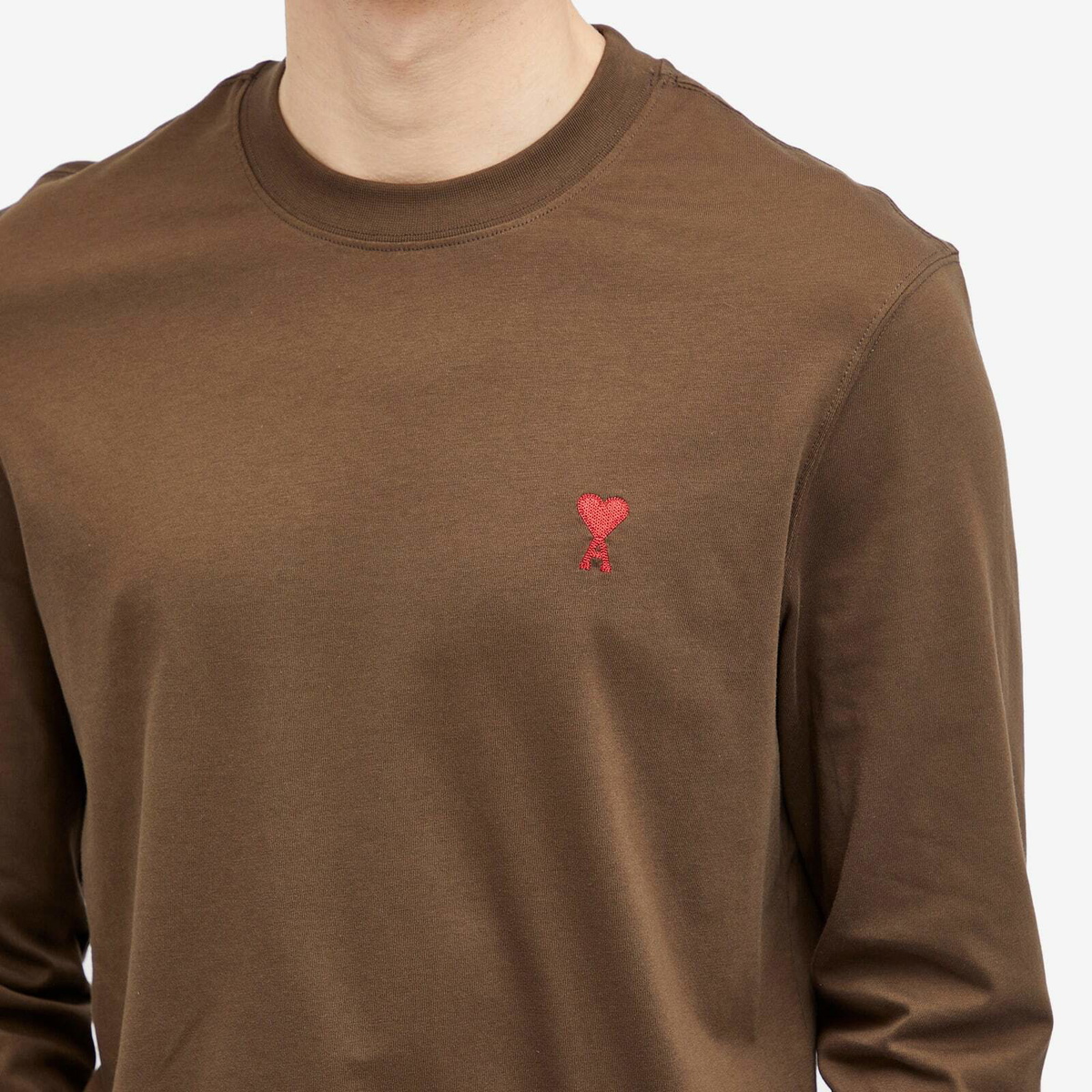 AMI Paris Men's Small A Heart Long Sleeve T-Shirt in Dark Coffee