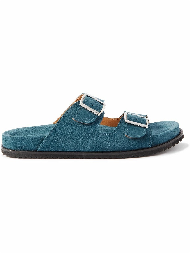 Photo: Mr P. - David Buckled Regenerated Suede by evolo® Sandals - Blue