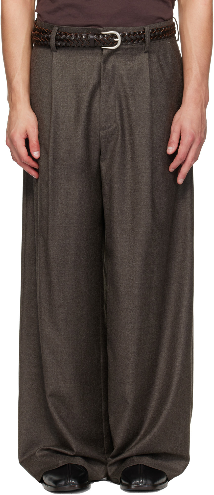 ssstein Brown Wool Flannel Extra Wide Trousers