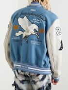AMIRI - Appliquéd Embroidered Wool-Blend and Leather Varsity Jacket - Blue