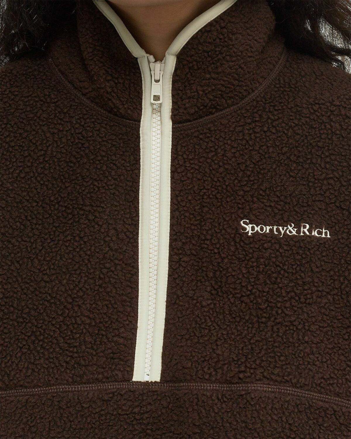 Sporty & Rich Serif Logo Sherpa Quarter Zip Brown Womens Fleece Jackets/Half-Zip