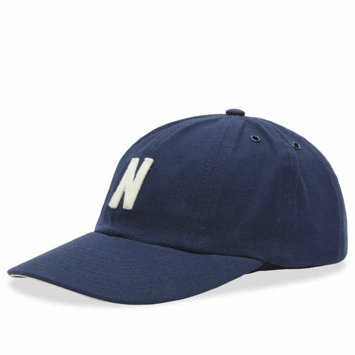Photo: Norse Projects Men's Light Canvas Felt N 8 Panel Cap in Dark Navy 