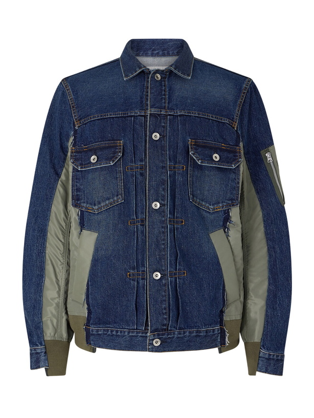 Photo: Sacai - Distressed Shell-Trimmed Denim Jacket - Blue