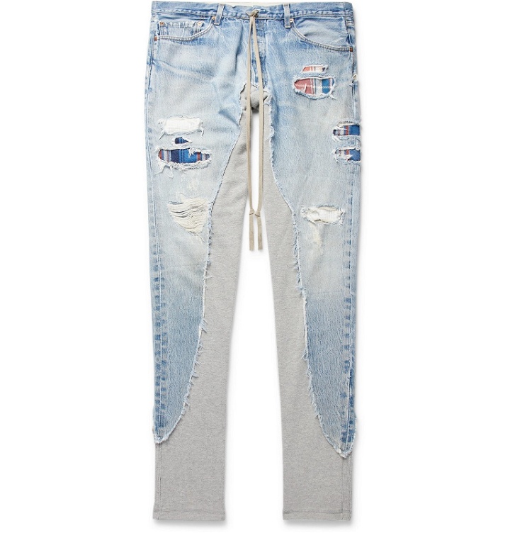 Photo: Greg Lauren - Tapered Cotton Twill-Panelled Mélange Loopback Jersey Sweatpants - Blue