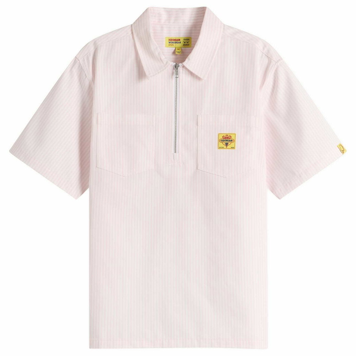 Photo: ICECREAM Men's Waitress Quarter Zip Work Shirt in Pink Stripe